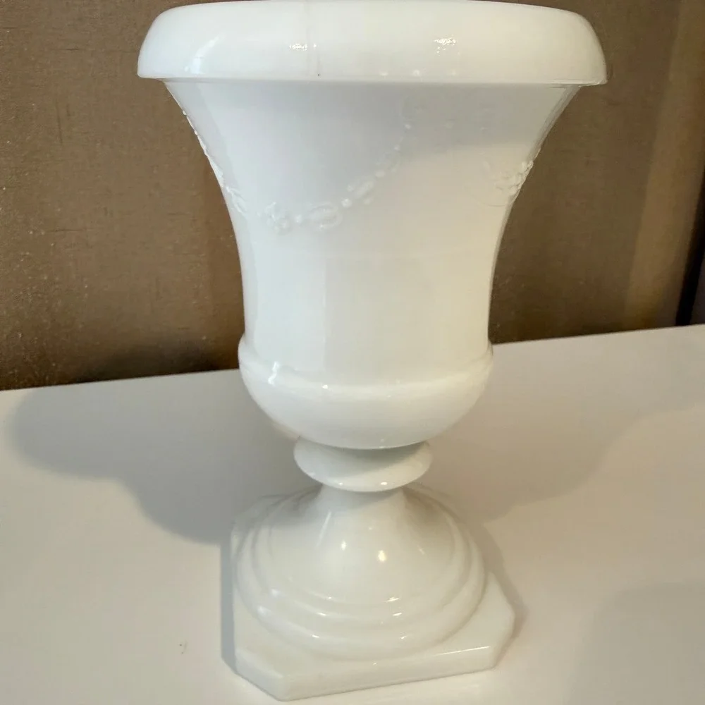 Vintage White‎ Milk Glass Urn Vase Floral Garland Embossed Pedestal Square Base
